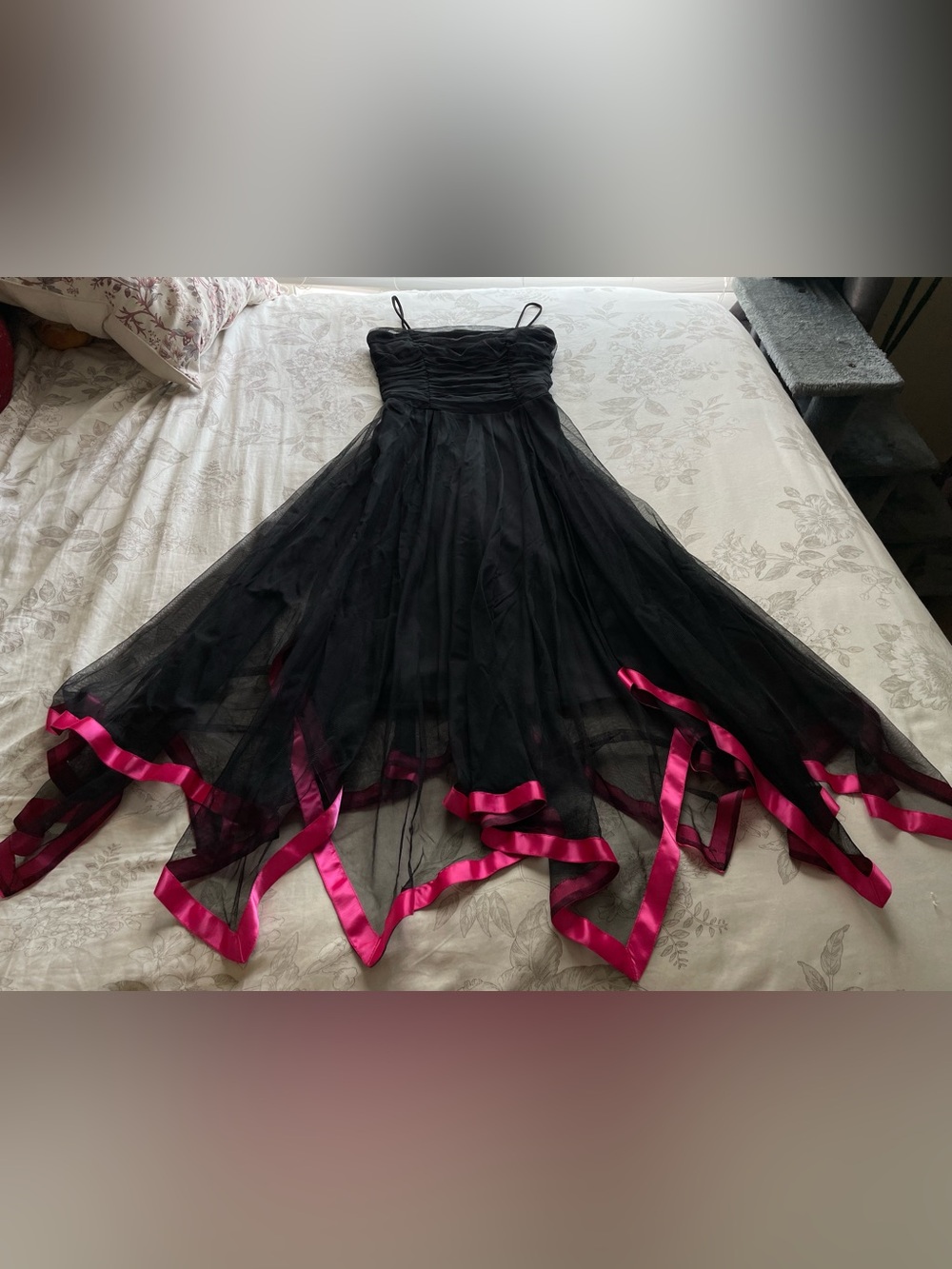 Vintage Black Pink Chiffon Asymmetric Handkerchief Hem Midi Dress 2 XS Prom Hoco